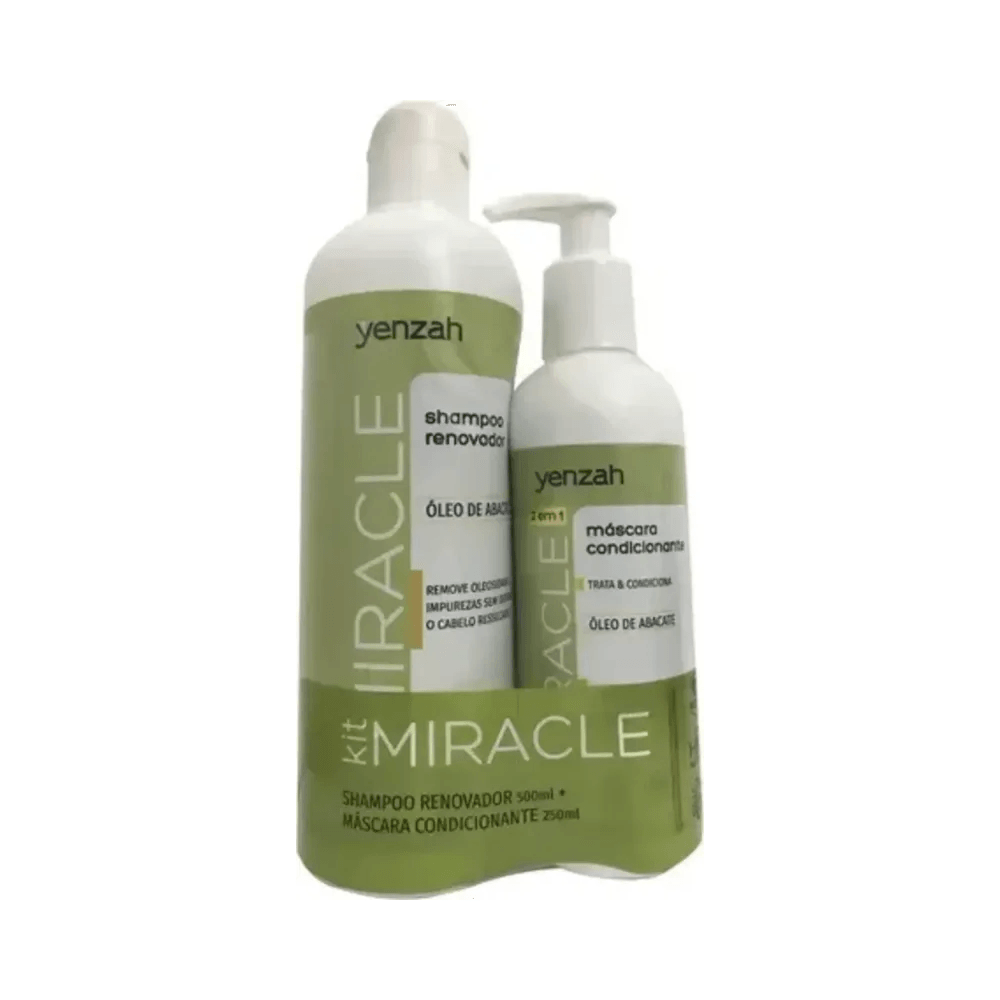 Kit Yenzah Miracle mostrando shampoo renovador e máscara condicionante com pump