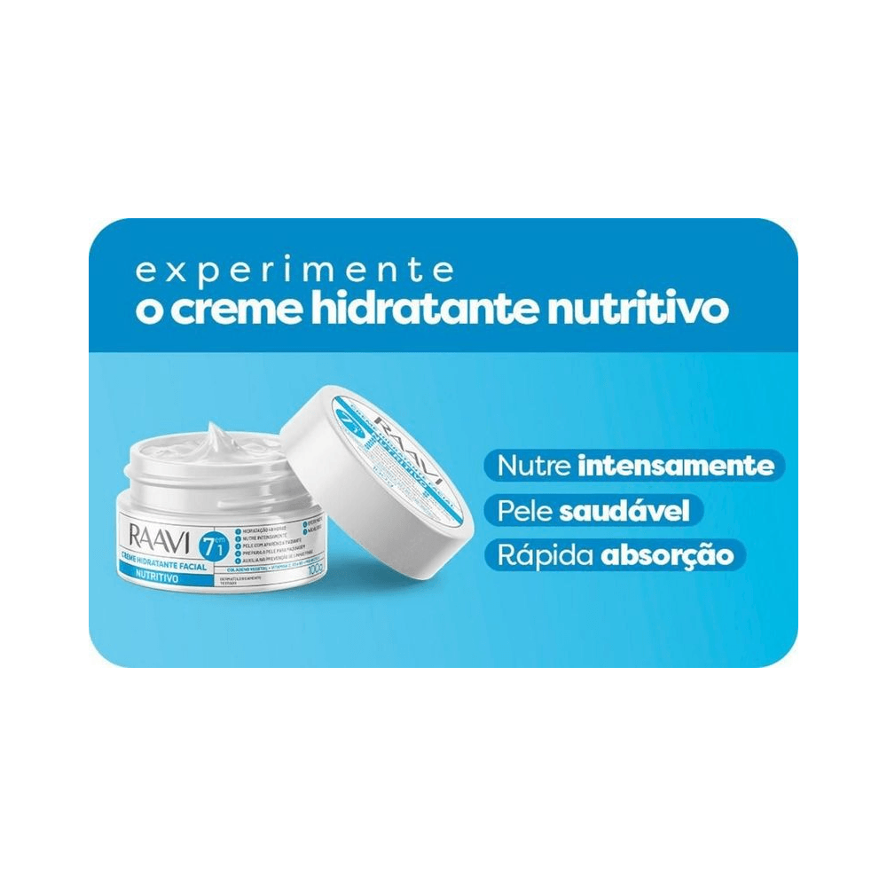 Pote aberto do Creme Facial Raavi Nutritivo 100g sobre fundo azul