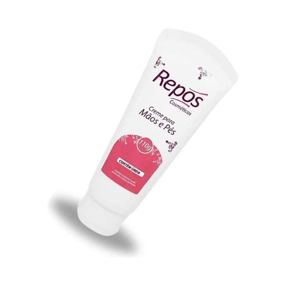 Tubo de 110g do Creme Repos inclinado sobre fundo branco mostrando rótulo e selo '110g'