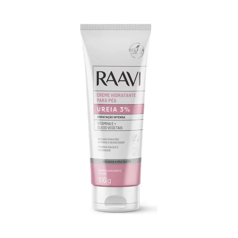 Creme para pés Raavi Ureia 3% - tubo branco com faixa rosa, 100g