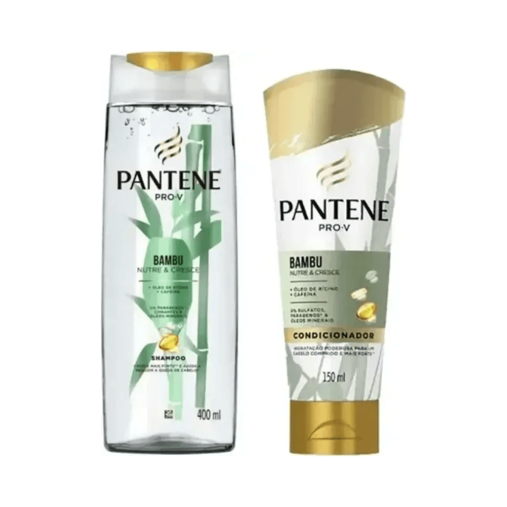 Shampoo Pantene Bambu 400ml e condicionador 150ml em destaque sobre fundo branco