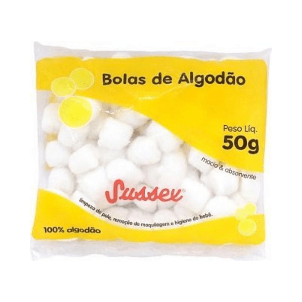 Pacote plástico com visor mostrando bolas de algodão Sussex