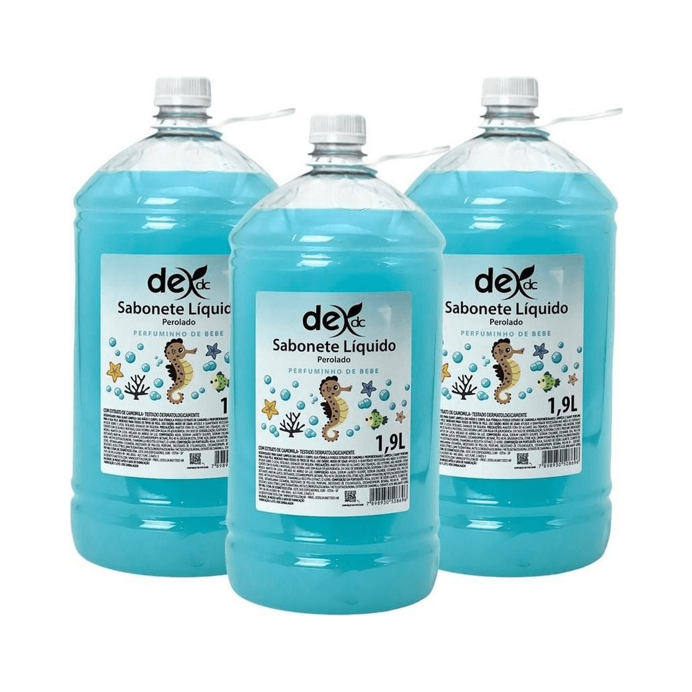 Trio de embalagens do sabonete perolado Soft Fix Dex 1,9L em tom azul/turquesa