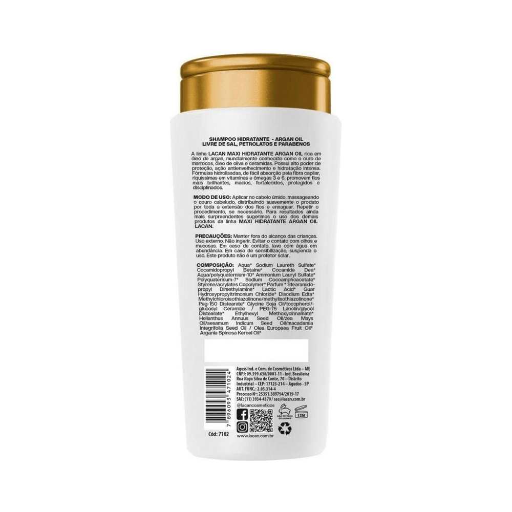 Verso do frasco Lacan Argan Oil 300ml com informações de composição e modo de uso