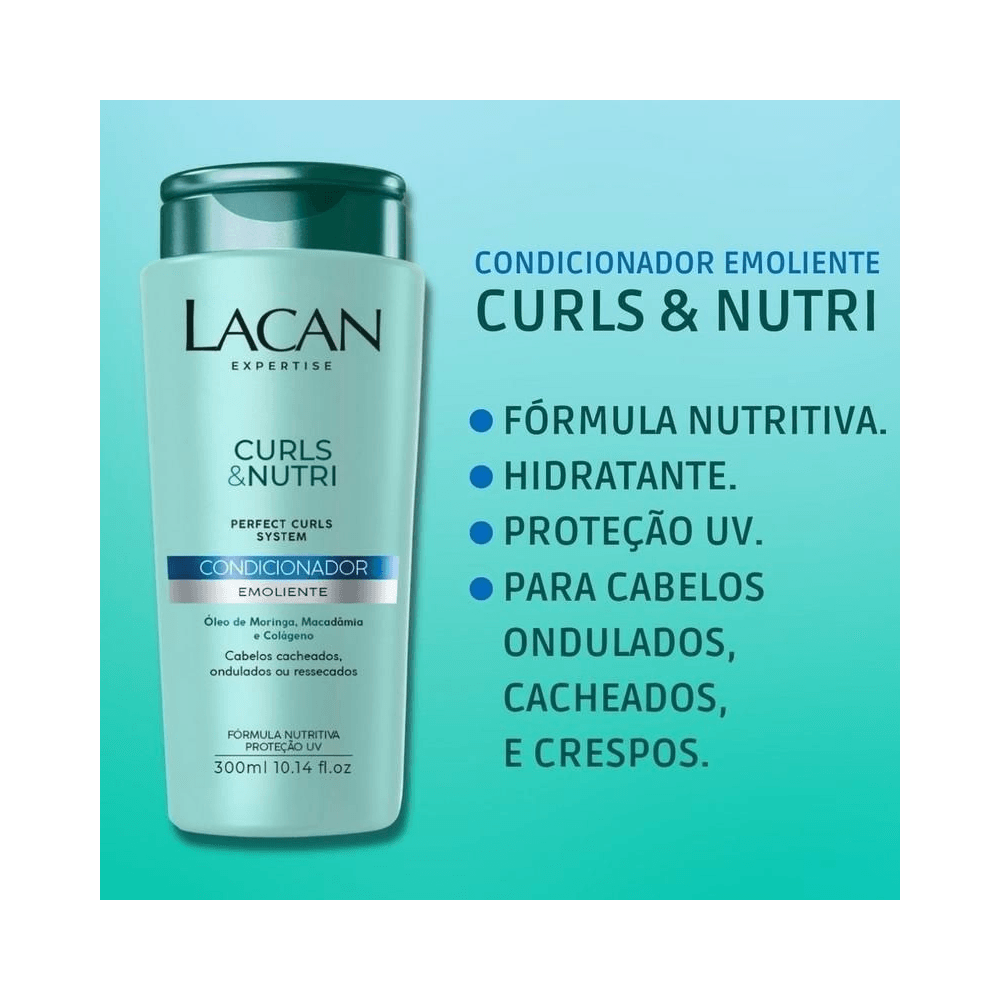 Frasco do condicionador Lacan Curls e Nutri com lista de benefícios