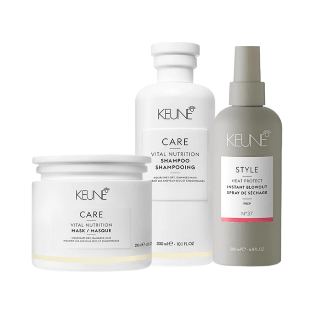 Conjunto Keune Care Vital Nutrition em fundo branco com design minimalista e detalhes em rosa