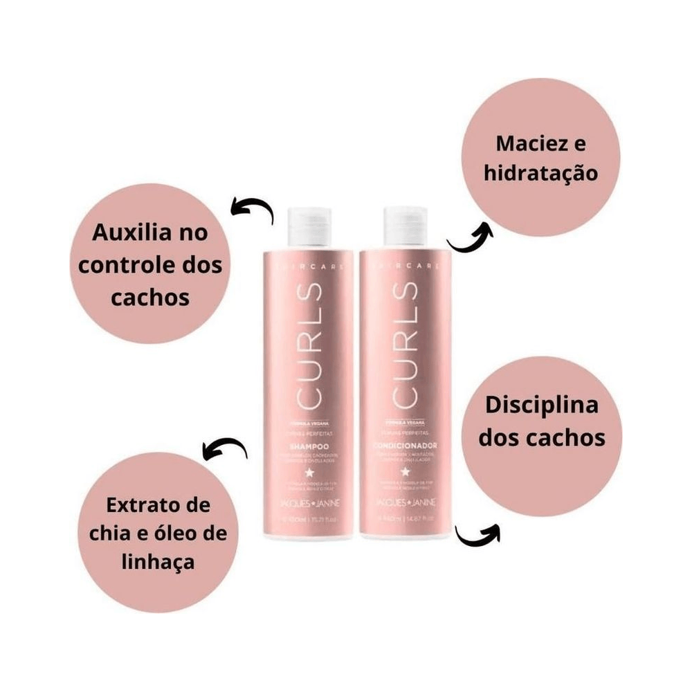 Composição gráfica do kit Curls com destaque para chia e óleo de linhaça, bolhas informativas rosé