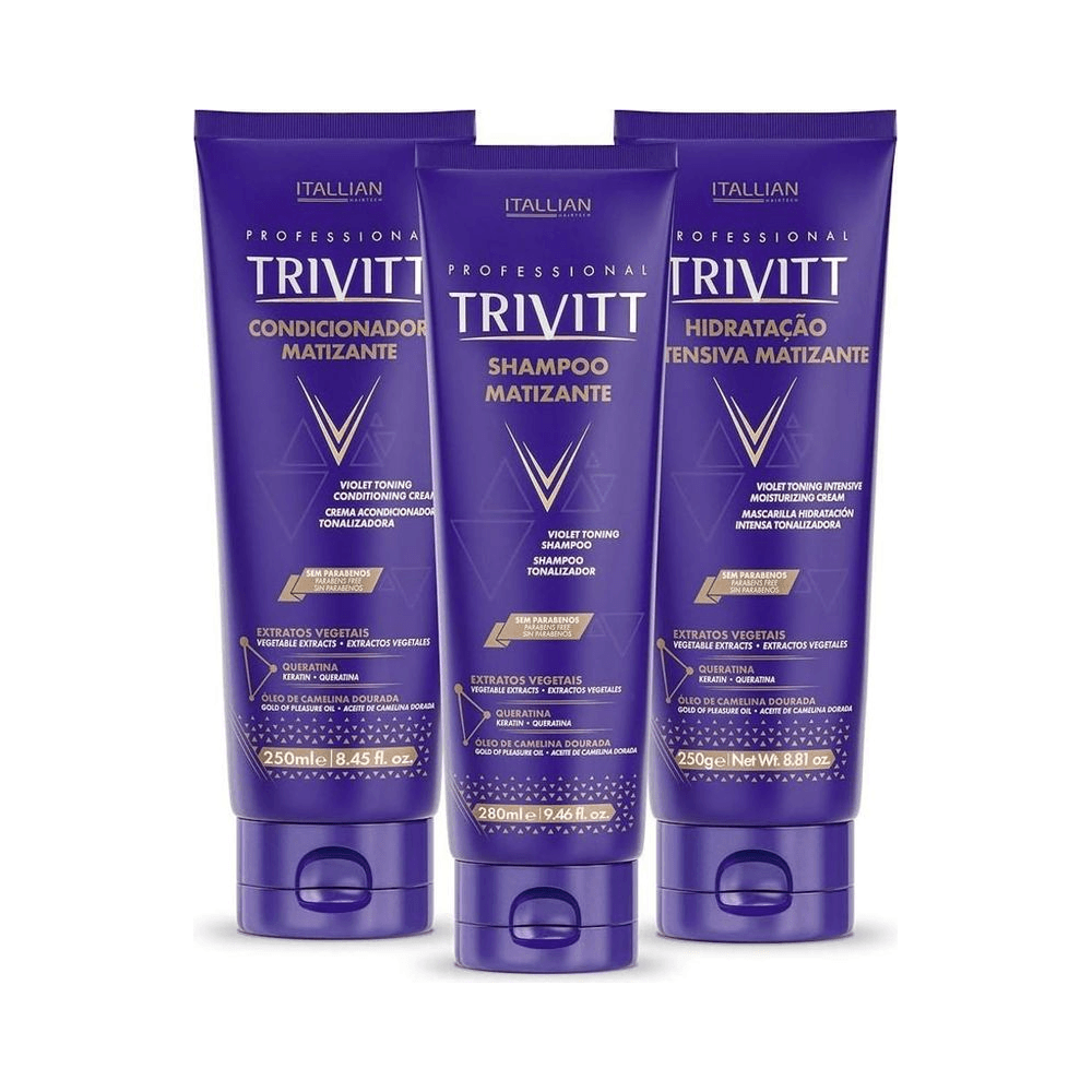 Frontal dos três produtos Trivitt Matizante: shampoo, condicionador e hidratação intensa