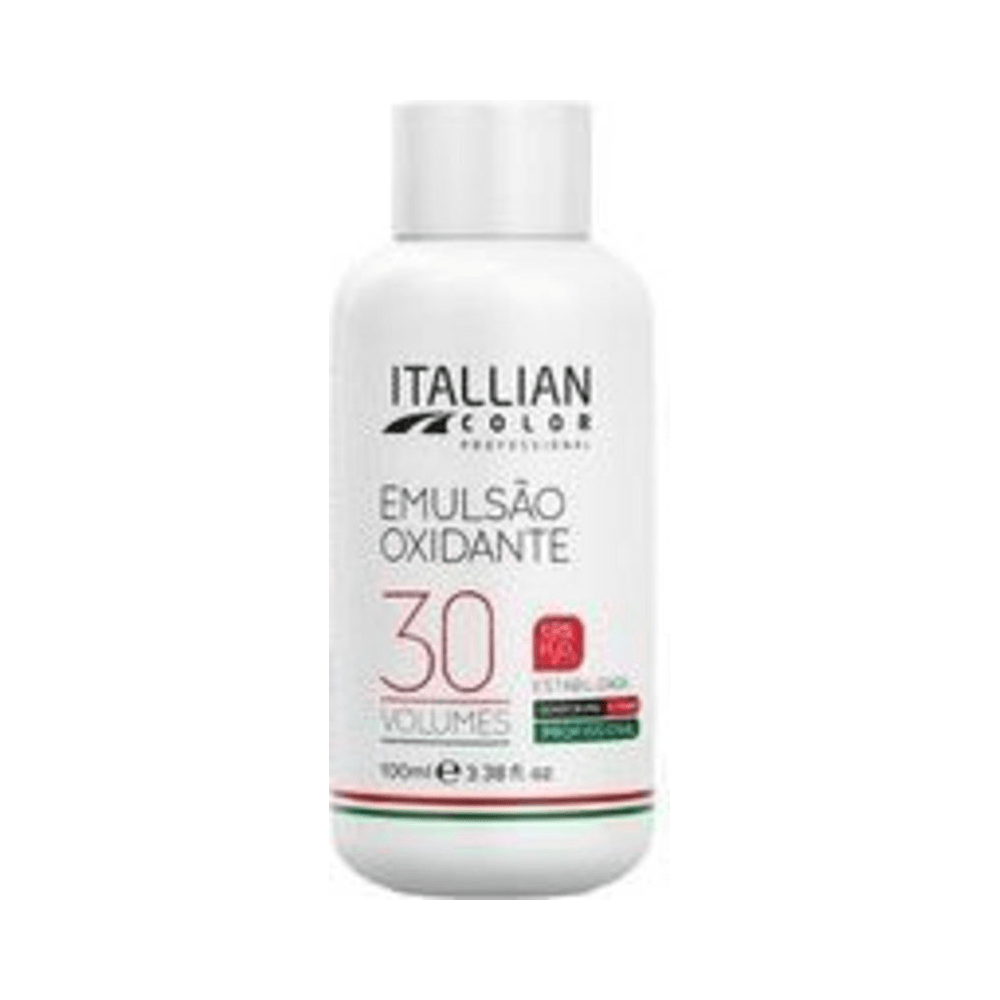 Frasco branco Itallian Emulsão Oxidante 30 volumes 100ml vista frontal