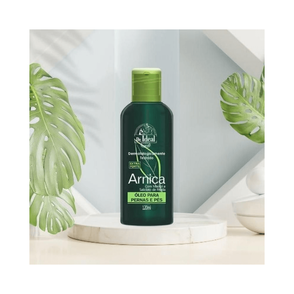 Frasco Dr. Ideal sobre pedestal com folhas decorativas