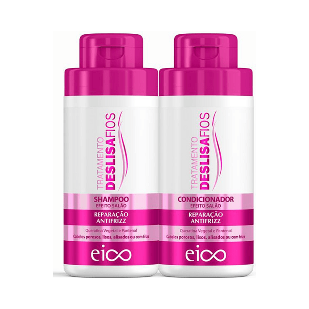 Dois frascos alinhados Deslisa Fios: shampoo e condicionador com tampa rosa