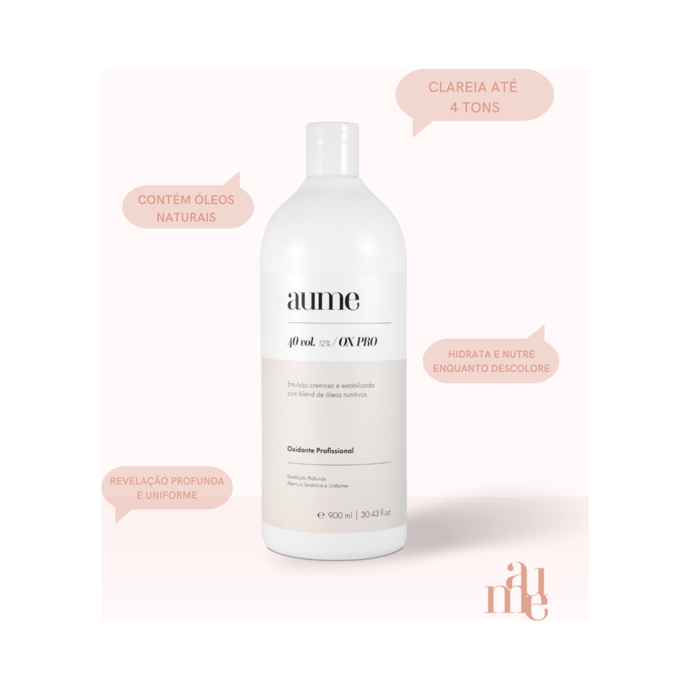 Oxidante Aume 900ml em fundo rosado destacando clareamento e óleos nutritivos